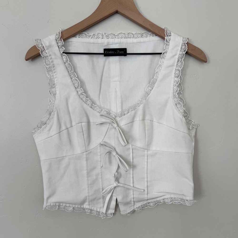 Kinsley + Zoey White Lace Trim Corset Top Bow Front Milkmaid Cottagecore Large